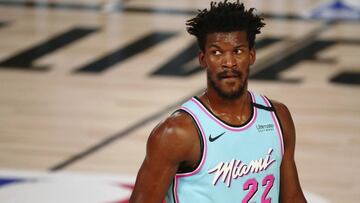 Miami Heat forward Jimmy Butler waits between plays during the first half of the team&#039;s NBA basketball game against the Indiana Pacers on Monday, Aug. 10, 2020, in Lake Buena Vista, Fla. (Kim Klement/Pool Photo via AP)