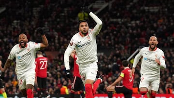 Sevilla's Youssef En-Nesyri (centre) celebrates their side's second goal of the game, an own goal scored by Manchester United's Harry Maguire during the UEFA Europa League quarter-final first leg match at Old Trafford, Manchester. Picture date: Thursday April 13, 2023. (Photo by Nick Potts/PA Images via Getty Images)