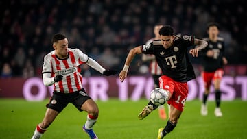 EINDHOVEN, NETHERLANDS - JANUARY 28: Luis Diaz of FC Bayern Muenchen is being challenged during the UEFA Champions League 2025/26 League Phase MD8 match between PSV Eindhoven and FC Bayern München at PSV Stadion on January 28, 2026 in Eindhoven, Netherlands. (Photo by S. Mellar/FC Bayern via Getty Images)