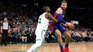BOSTON, MA - OCTOBER 30: Kyrie Irving #11 of the Boston Celtics defends Blake Griffin #23 of the Detroit Pistons during the first half at TD Garden on October 30, 2018 in Boston, Massachusetts.   Maddie Meyer/Getty Images/AFP
 == FOR NEWSPAPERS, INTERNET, TELCOS &amp; TELEVISION USE ONLY ==