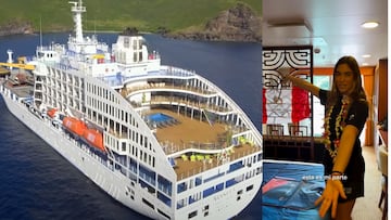 El crucero Aranui 5 que ejerce de Villa Olímpica en los Juegos Olímpicos de París 2024 en Teahupo'o (Tahití) y Sol Aguirre, peruana.