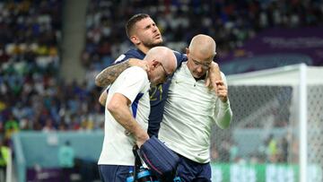 AL WAKRAH, QATAR - NOVEMBER 22: Lucas Hernandez of France is injured early in the match and has to be substituted during the FIFA World Cup Qatar 2022 Group D match between France and Australia at Al Janoub Stadium on November 22, 2022 in Al Wakrah, Qatar. (Photo by Jean Catuffe/Getty Images)