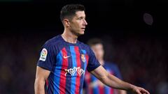 BARCELONA, SPAIN - MARCH 19: Robert Lewandowski  of FC Barcelona looks on during the LaLiga Santander match between FC Barcelona and Real Madrid CF at Spotify Camp Nou on March 19, 2023 in Barcelona, Spain. (Photo by Alex Caparros/Getty Images)