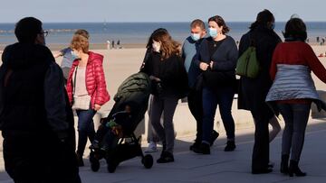 People wearing protective face masks walk near the beach in Dunkirk as the government eyes new measures to limit the spread of COVID-19 in the region, France, February 24, 2021. REUTERS/ Pascal Rossignol