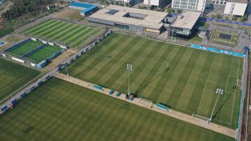 An aerial view shows empty football fields at a training cetre of Jiangsu FC, formerly known as Jiangsu Suning in Nanjing, in eastern China&#039;s Jiangsu province on March 2, 2021, after Jiangsu FC on February 28, said they had &quot;ceased operations&qu