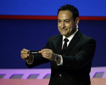 Jurgen Mainka shows Columbia&#039;s ticket during the 2016 Copa America Centenario Official Draw 