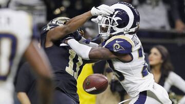 NEW ORLEANS, LOUISIANA - JANUARY 20: Tommylee Lewis #11 of the New Orleans Saints drops a pass broken up by Nickell Robey-Coleman #23 of the Los Angeles Rams during the fourth quarter in the NFC Championship game at the Mercedes-Benz Superdome on January 20, 2019 in New Orleans, Louisiana.   Kevin C. Cox/Getty Images/AFP
 == FOR NEWSPAPERS, INTERNET, TELCOS &amp; TELEVISION USE ONLY ==