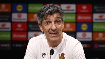 MANCHESTER (United Kingdom), 12/03/2025.- Real Sociedad head coach Imanol Alguacil attends a press conference at Old Trafford stadium in Manchester, Britain, 12 March 2025. Real Sociedad will face Manchester United in the UEFA Europa League Round of 16, 2nd leg soccer match on 13 March. (Reino Unido) EFE/EPA/ADAM VAUGHAN