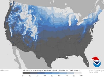 Mapa del pronóstico de nieve para Navidad 2024.