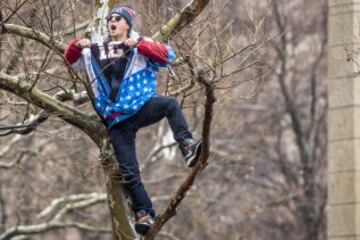 Un aficionado se sube a un árbol para obtener una mejor vista durante el desfile de la victoria de los Patriots.