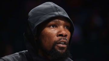 NEW YORK, NEW YORK - OCTOBER 27: Kevin Durant #7 of the Brooklyn Nets looks on before the game against the Miami Heat uring their game at Barclays Center on October 27, 2021 in New York City. NOTE TO USER: User expressly acknowledges and agrees that, by d