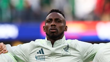 Jun 26, 2024; Inglewood, CA, USA; Mexico forward Julian Quiñones (9) prepares during the anthem before a match against Venezuela at SoFi Stadium. Mandatory Credit: Jessica Alcheh-USA TODAY Sports
