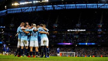 Soccer Football - Premier League - Manchester City v Chelsea - Etihad Stadium, Manchester, Britain - February 10, 2019 Manchester City's Sergio Aguero celebrates scoring their fifth goal to complete his hat-trick with team mates