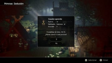 Este men&uacute; aparece al intentar seducir a un pueblerino con Primrose; en &eacute;l podemos ver los atributos de batalla y la probabilidad de &eacute;xito de hacer que nos siga