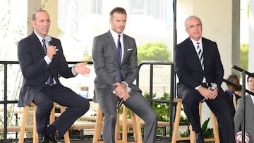 MIAMI, FL - FEBRUARY 05: Commissioner Don Garber, David Bechkham and Mayor Carlos Gimenez attend a press conference to announce plans for Major League Soccer at PAMM Art Museum on February 5, 2014 in Miami, Florida. (Photo by Vallery Jean/FilmMagic)