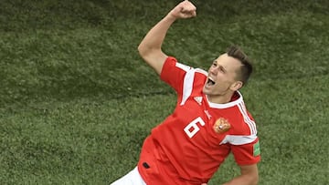 Russia's midfielder Denis Cheryshev celebrates scoring his team's second goal during the Russia 2018 World Cup Group A football match between Russia and Egypt at the Saint Petersburg Stadium in Saint Petersburg on June 19, 2018. / AFP PHOTO / C