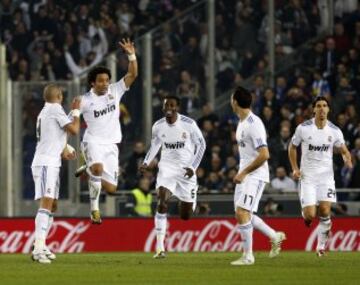 Marcelo celebrates after scoring for Madrid.