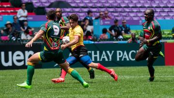 Los jugadores de la selección española de rugby seven, durante su partido ante Guyana en el torneo de Hong Kong.