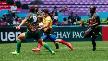 Los jugadores de la selecci&oacute;n espa&ntilde;ola de rugby seven, durante su partido ante Guyana en el torneo de Hong Kong.