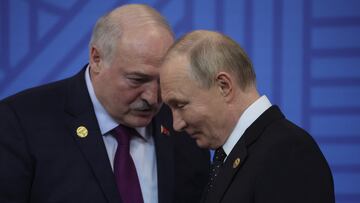 Russia's President Vladimir Putin and Belarusian President Alexander Lukashenko take part in an official welcoming ceremony for delegations' heads at the BRICS summit in Kazan, Russia, 23 October 2024. Maxim Shipenkov/Pool via REUTERS