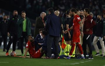 Tras el gol del empate de Fekir, Joan Jordán fue agredido desde la grada con el lanzamiento de un palo y el encuentro fue suspendido.