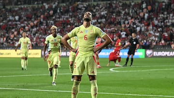 Spain's midfielder #06 Mikel Merino (C) celebrates after scoring Spain's fifth goal during the FIFA World Cup 2026 Group E qualification football match between Turkey and Spain at the Konya Buyuksehir Belediye Stadium, in Konya, on September 7, 2025. (Photo by OZAN KOSE / AFP)
