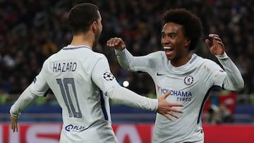 Soccer Football - Champions League - Qarabag vs Chelsea - Baku Olympic Stadium, Baku, Azerbaijan - November 22, 2017 Chelsea's Willian celebrates scoring their second goal with Eden Hazard Action Images via Reuters/Peter Cziborra