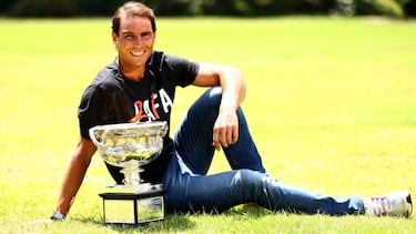 MELBOURNE, AUSTRALIA - JANUARY 31: Rafael Nadal of Spain poses with the Norman Brookes Challenge Cup after winning last nights 2022 Australian Open Men's Singles Final, at Government House on January 31, 2022 in Melbourne, Australia. (Photo by Clive