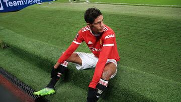 MANCHESTER, ENGLAND - JANUARY 10: Raphael Varane of Manchester United sits on the end of the pitch during the Emirates FA Cup Third Round match between Manchester United and Aston Villa at Old Trafford on January 10, 2022 in Manchester, England. (Photo by Simon Stacpoole/Offside/Offside via Getty Images)