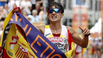 Berlin (Germany), 11/08/2018.- Spaniard Maria Perez crosses the finish line to win the Women&#039;s 20km Race Walk at the Athletics 2018 European Championships in Berlin, Germany, 11 August 2018. (marcha, Alemania) EFE/EPA/FELIPE TRUEBA