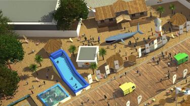 Recreaci¨®n de la playa artificial con piscina de olas que se instalar¨¢ en la plaza de Col¨®n de Madrid.