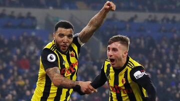 Watford&#039;s Troy Deeney celebrates scoring with Gerard Deulofeu.  