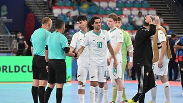 ANDIZHAN, UZBEKISTAN - SEPTEMBER 15: Dylan Manickum of New Zealand interacts with the match officials after the FIFA Futsal World Cup Uzbekistan 2024 match between New Zealand and Libya at Andijan Universal Sports Complex on September 15, 2024 in Andizhan, Uzbekistan. (Photo by Anvar Ilyasov - FIFA/FIFA via Getty Images)