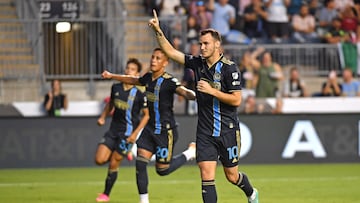 Jul 22, 2023; Chester, PA, USA; Philadelphia Union midfielder DŽniel Gazdag (10) celebrates his goal on a penalty kick against the Tijuana at Subaru Park. Mandatory Credit: Eric Hartline-USA TODAY Sports