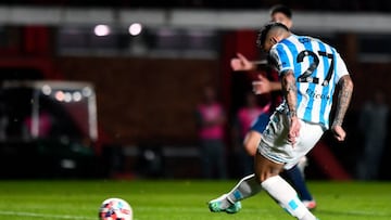 BUENOS AIRES, ARGENTINA - MAY 06: Javier Correa of Racing Club shoots on target and scores the first goal of his team during a match between San Lorenzo and Racing Club as part of Copa de la Liga 2022 at Pedro Bidegain Stadium on May 6, 2022 in Buenos Aires, Argentina. (Photo by Rodrigo Valle/Getty Images)