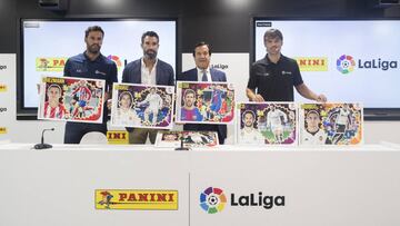 Kiko Narv&aacute;ez, Fernando Sanz y Morientes, en la presentaci&oacute;n de los cromos Panini.