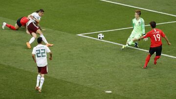 Mexico&#039;s Javier Hernandez, left, kicks the ball to score his team&#039;s second goal during the group F match between Mexico and South Korea at the 2018 soccer World Cup in the Rostov Arena in Rostov-on-Don, Russia, Saturday, June 23, 2018. (AP Photo