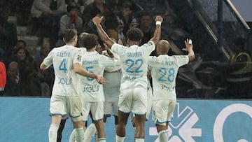 Paris (France), 27/04/2024.- Christopher Operi of Le Havre celebrates after scoring a goal against PSG during the French Ligue 1 soccer match, Paris Saint Germain vs Le Havre at the Parc des Princes stadium in Paris, France, 27 April 2024. (Francia) EFE/EPA/Christophe Petit Tesson
