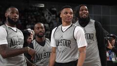 LeBron James, Kemba Walker, Russell Westbrook y Kevin Durant, durante el entrenamiento previo al All Star Game 2018.