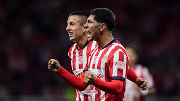 Victor Guzman and Roberto Alvarado celebrates goal 2-0 of Guadalajara  during the 8th round match between Guadalajara and Leon as part of the Liga BBVA MX, Torneo Apertura 2024 at Akron Stadium on September 18, 2024 in Guadalajara, Jalisco, Mexico.