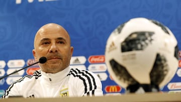 Argentina coach Jorge Sampaoli attends a press conference on the eve of the group D match between Croatia and Argentina in the Nizhny Novgorod stadium in Nizhny Novgorod, Russia, Wednesday, June 20, 2018. (AP Photo/Petr David Josek)