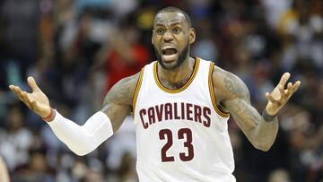 Apr 9, 2017; Atlanta, GA, USA; Cleveland Cavaliers forward LeBron James (23) shows emotion after fouling out against the Atlanta Hawks in overtime at Philips Arena. The Hawks defeated the Cavaliers 126-125. Mandatory Credit: Brett Davis-USA TODAY Sports