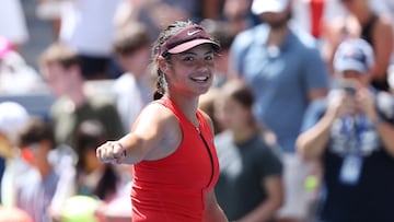 Aug 24, 2025; Flushing, NY, USA; Emma Raducanu (GBR) celebrates after defeating Ena Shibahara (not pictured) on day one of the 2025 U.S. Open tennis tournament at the USTA Billie Jean King National Tennis Center. Mandatory Credit: Amber Searls-Imagn Images