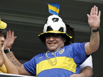 Diego Armando Maradona supporting Boca Juniors at La Bombonera.