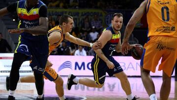 GRAF9451. ANDORRA LA VELLA, 24/03/2019.- Nikola Radicevic (2i), base serbio del Gran Canaria, intenta frenar al base brasileño del MoraBanc Rafa Luz, durante el partido de la vigésimo cuarta jornada de la Liga Endesa entre el MoraBanc Andorra y el Herbalife Gran Canaria que se juega hoy en el Poliesportiu d'Andorra. EFE / Fernando Galindo