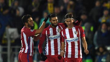 Koke, Carrasco y Filipe celebran el gol.