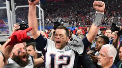 Feb 3, 2019; Atlanta, GA, USA; New England Patriots quarterback Tom Brady (12) reacts after Super Bowl LIII against the Los Angeles Rams at Mercedes-Benz Stadium. Mandatory Credit: Robert Deutsch-USA TODAY Sports