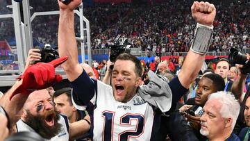 Feb 3, 2019; Atlanta, GA, USA; New England Patriots quarterback Tom Brady (12) reacts after Super Bowl LIII against the Los Angeles Rams at Mercedes-Benz Stadium. Mandatory Credit: Robert Deutsch-USA TODAY Sports