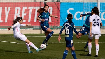 MADRID, SPAIN - MARCH 07: Marta Cardona of Real Madrid scores her team&#039;s fourth goal during the Primera Iberdrola match between Real Madrid and Espanyol at Ciudad Real Madrid on March 07, 2021 in Madrid, Spain. Sporting stadiums around Spain remain u