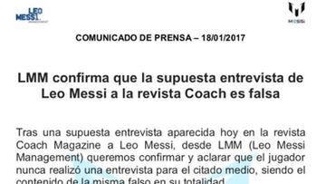 Comunicado de Messi: es falsa la entrevista en la revista 'Coach'